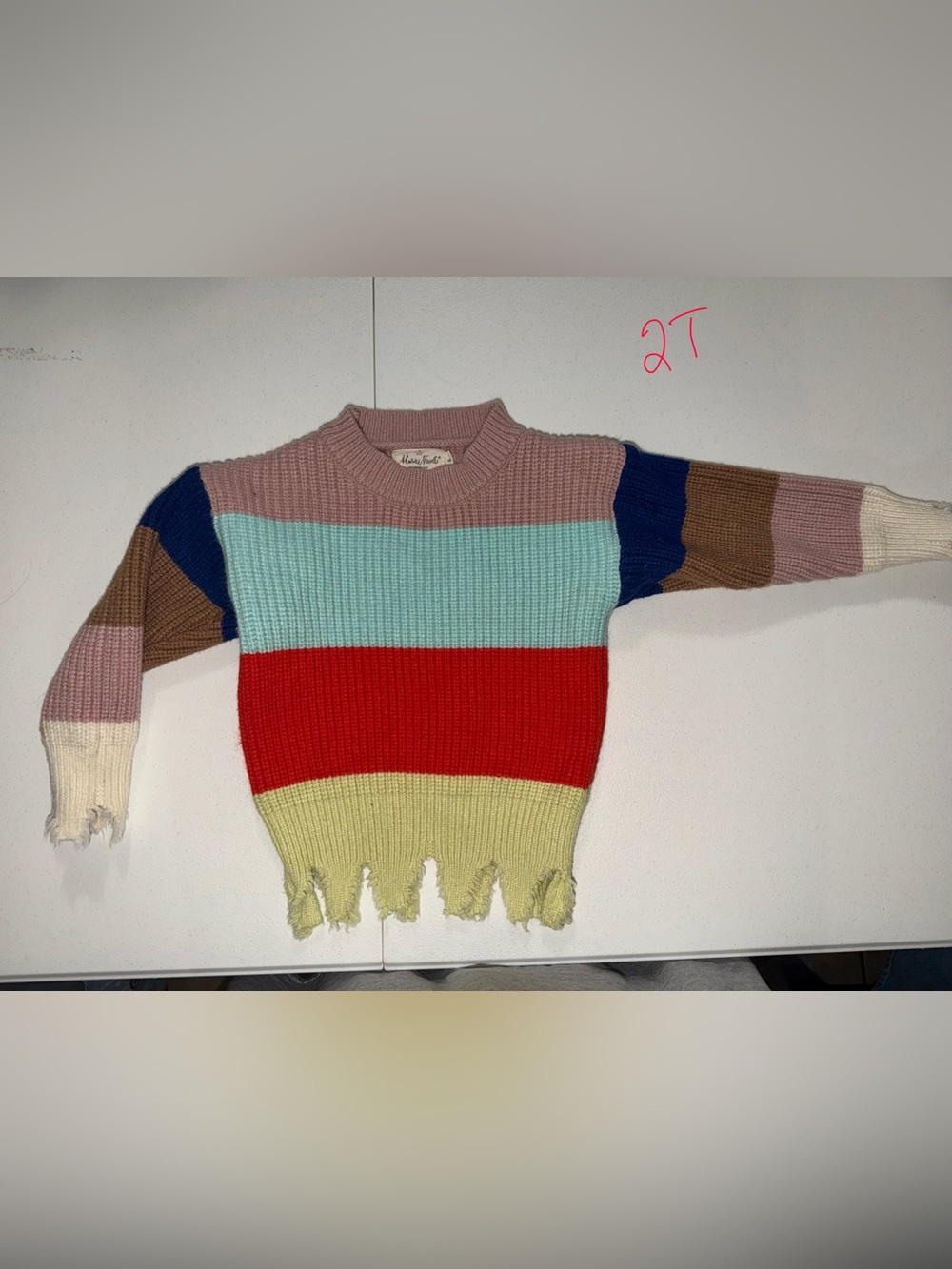 Girls' Multicolor Striped Distressed Knit Sweater - 2T